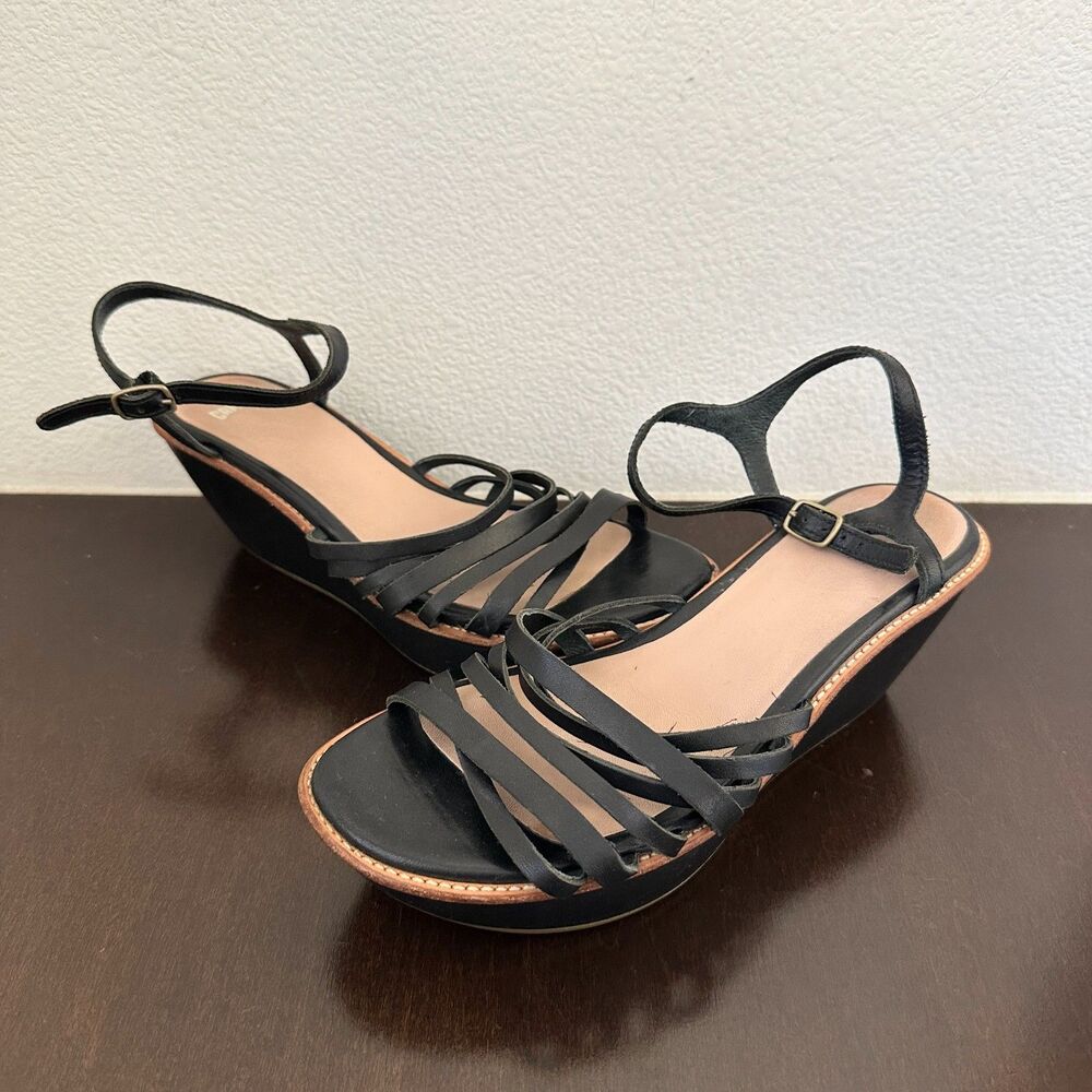 Camper Sandals Platform Wedge Open Toe Black Leather Strappy Women's 7.5 EU 38